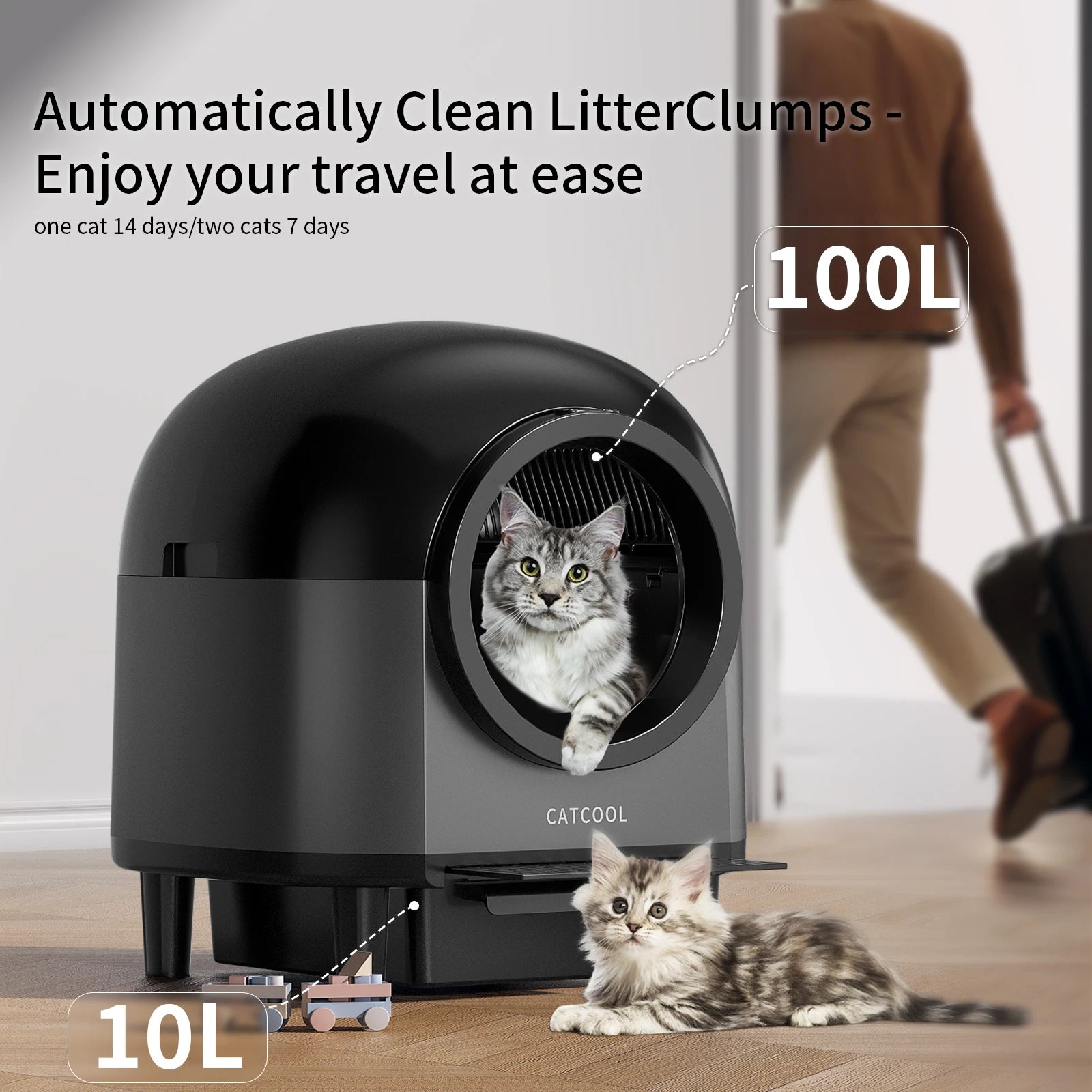 Large 100L self-cleaning cat litter box with 10L waste bin capacity