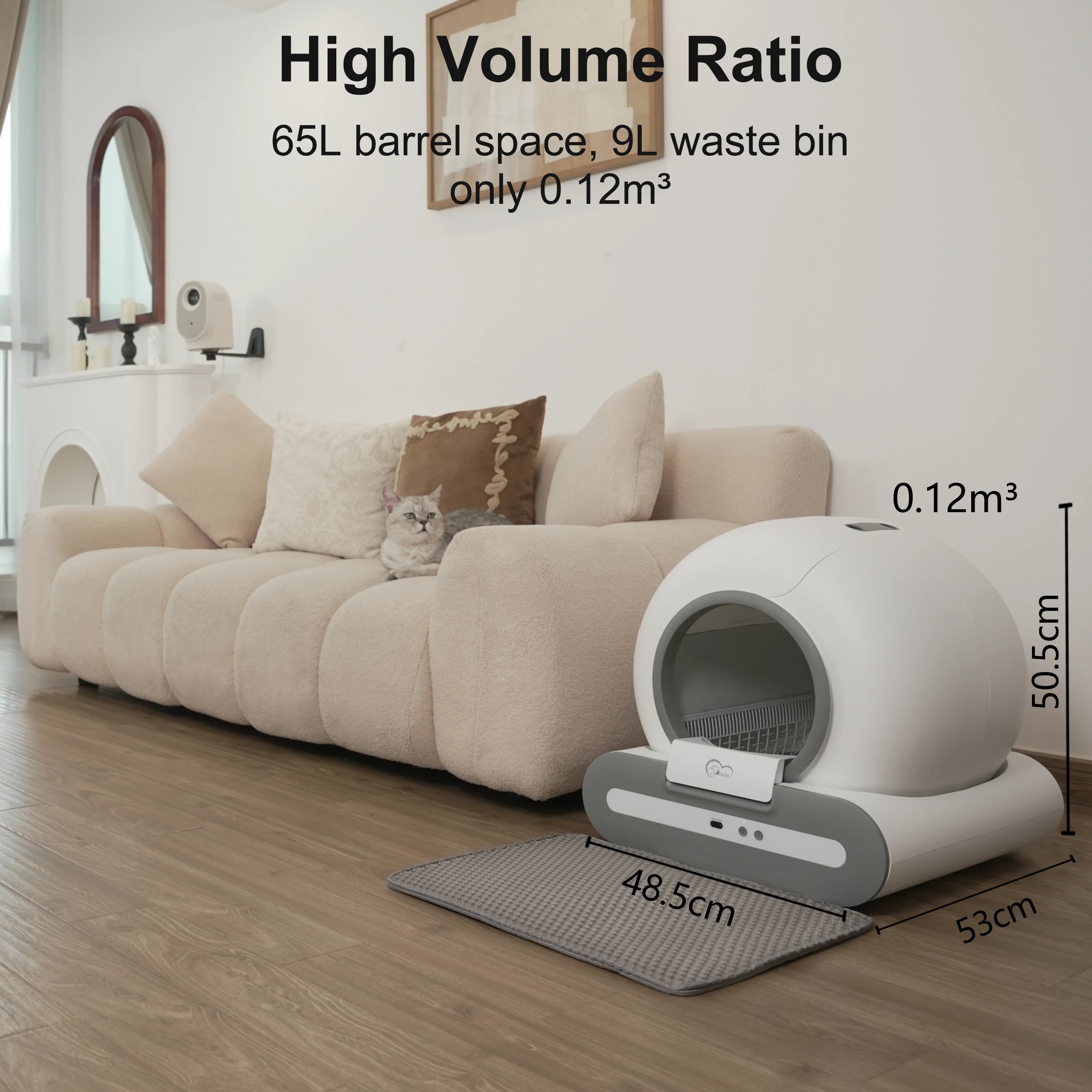 Large 65L self-cleaning cat litter box with 9L waste bin compact design