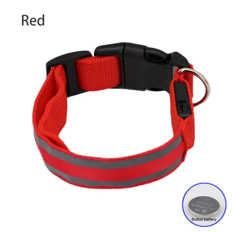 Red LED Dog Collar Reflective Nylon Button Battery Pet Safety