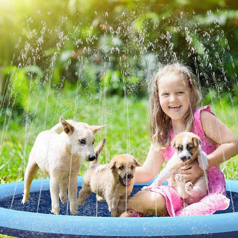 Inflatable pet pool with sprinkler mat