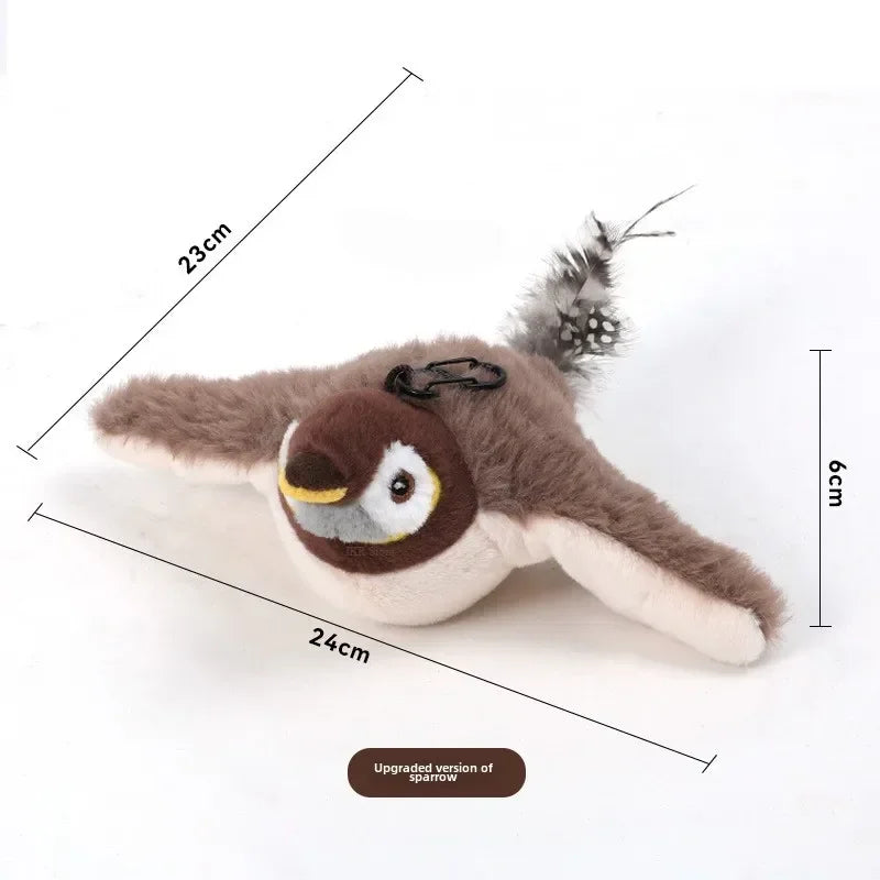 Plush bird toy with measurements on a white background