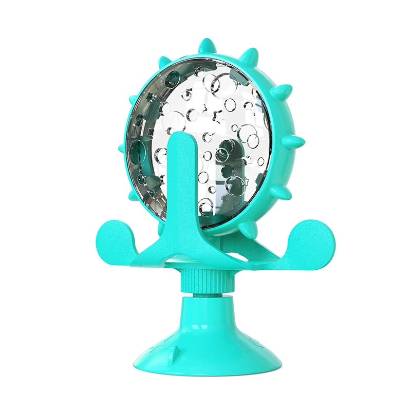 Turquoise Cat Treat Dispenser Wheel Toy with Suction