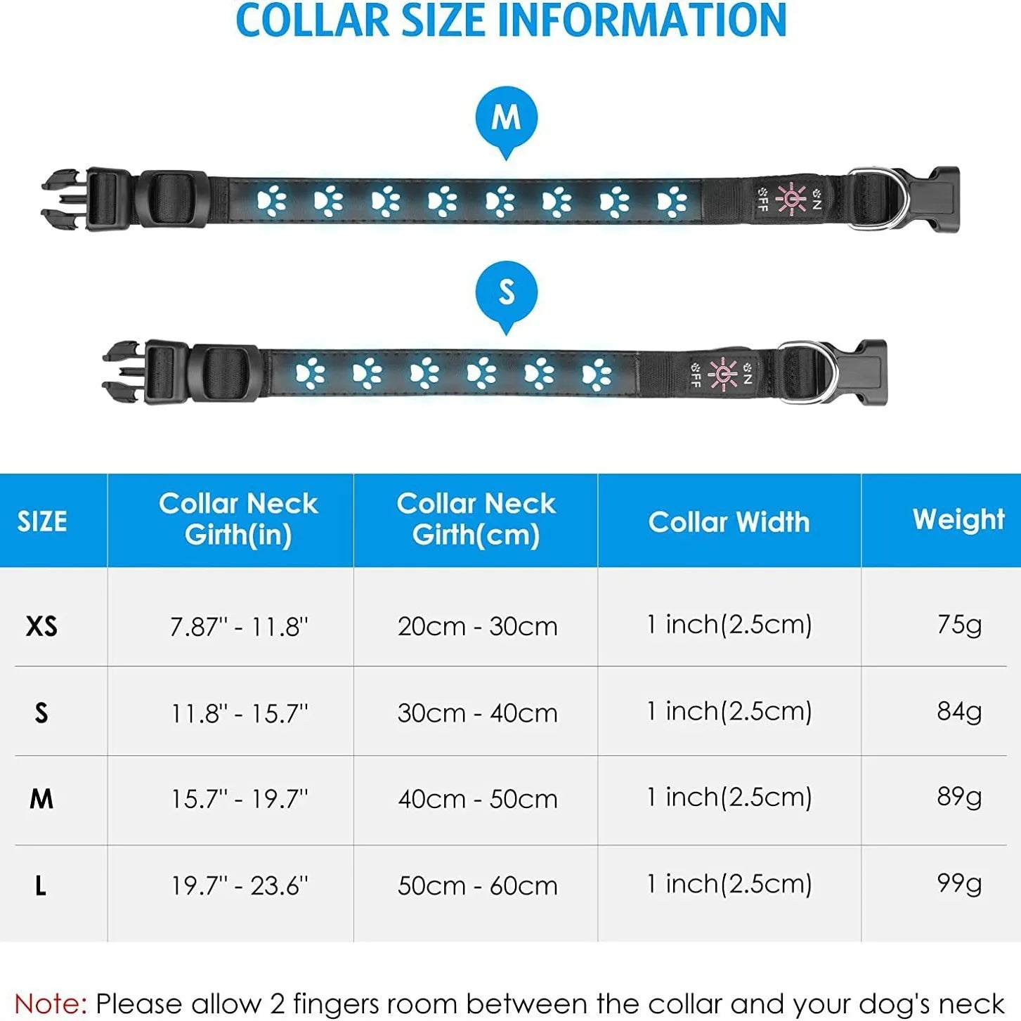 Adjustable LED Dog Collar Size Chart Guide