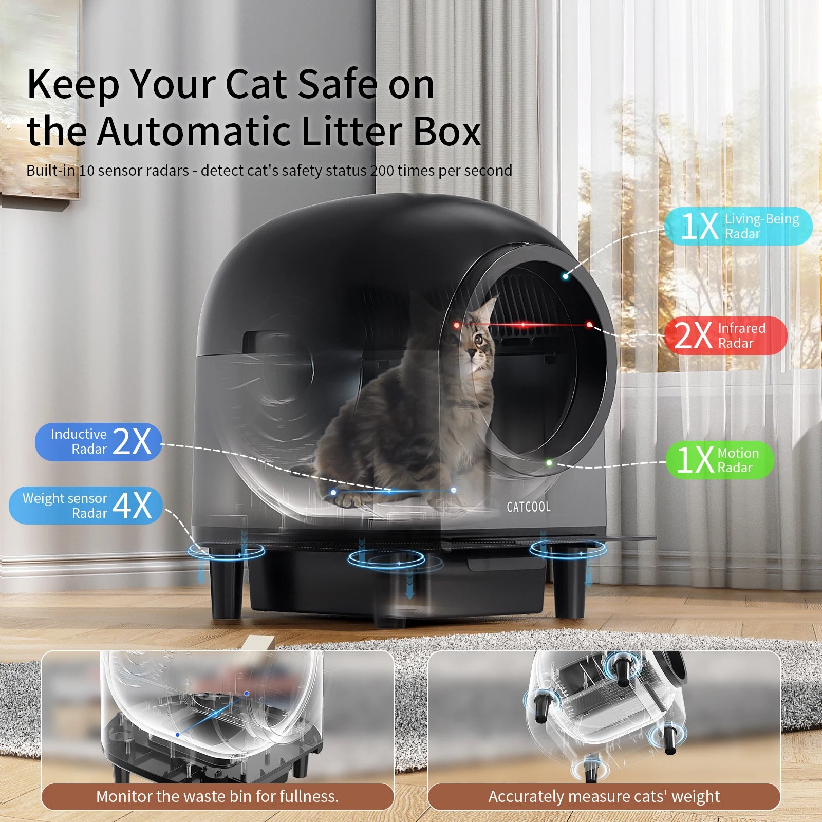 Automatic cat litter box with 10 radar sensors and safety protection