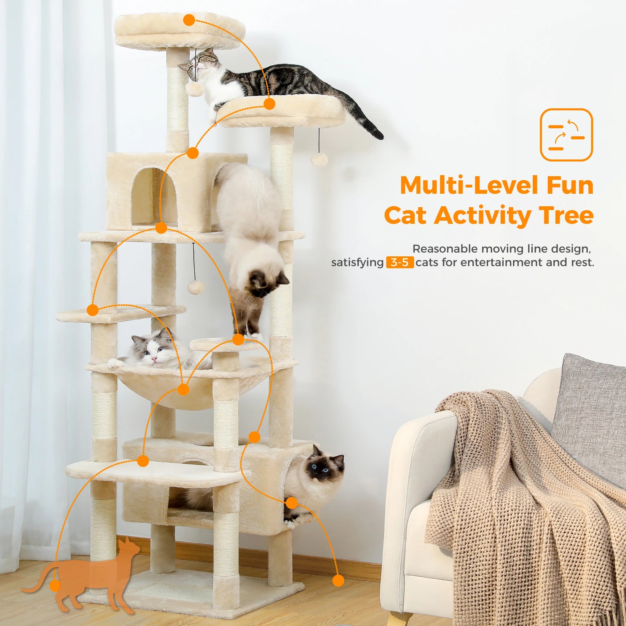 Beige cat activity tree with hammock, perches, condos, and cats