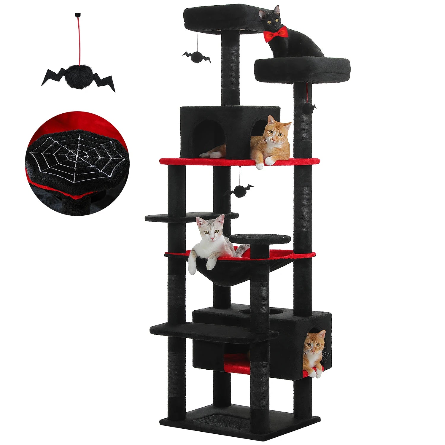 Black cat tower with red shelves and spider web design
