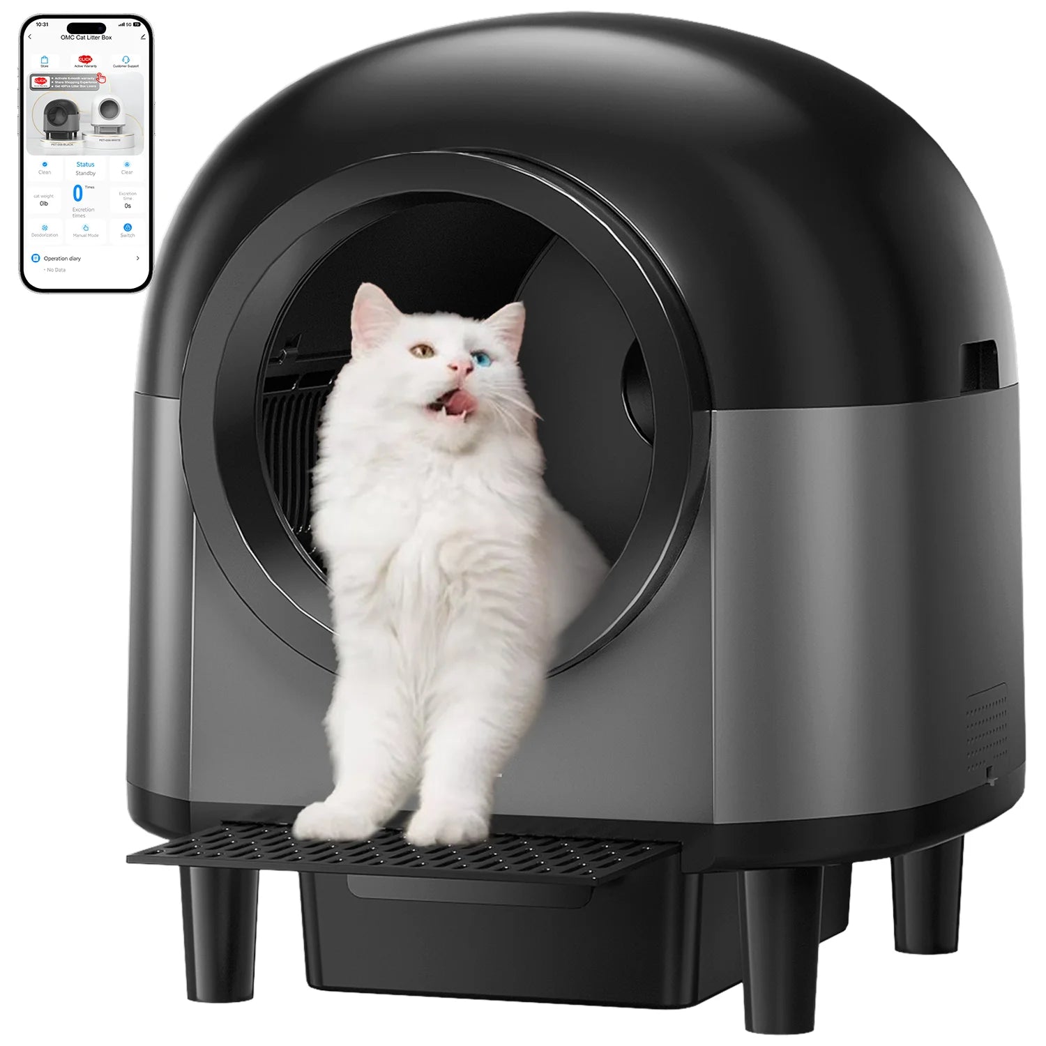 Black self-cleaning automatic cat litter box with odor control