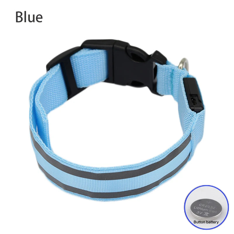 Blue LED Dog Collar Reflective Nylon Button Battery Pet Safety