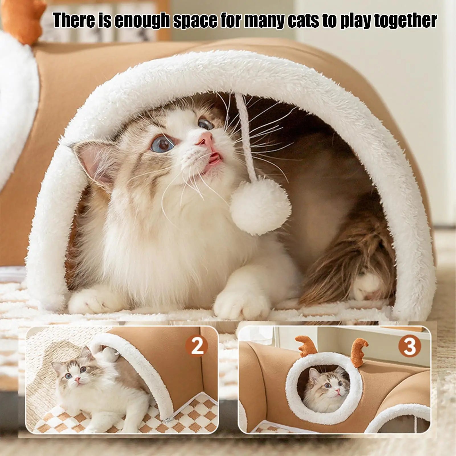 Cat playing inside plush tunnel bed with hanging pom pom toy