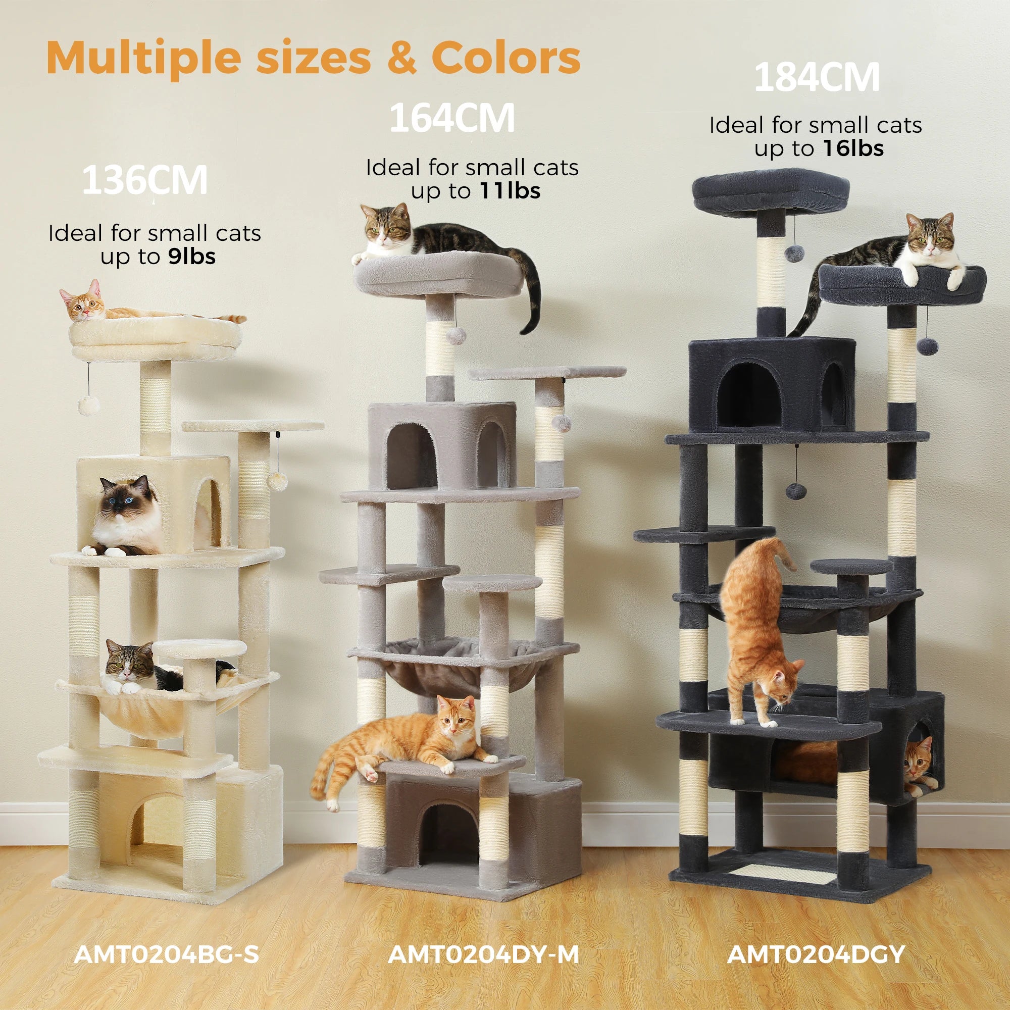 Cat tree size comparison in beige, grey, and dark grey with cats