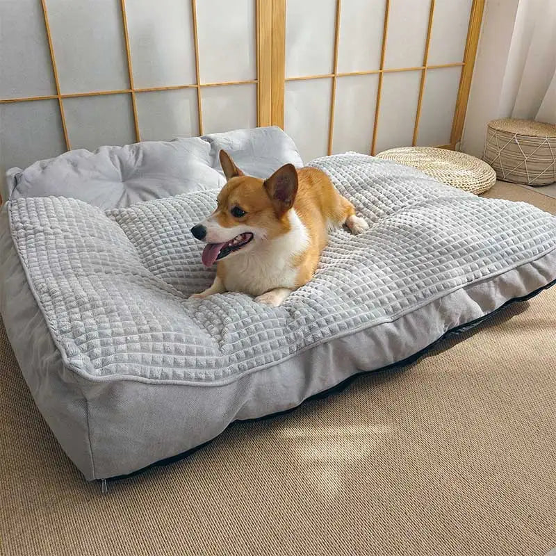 Corgi sitting on grey cooling dog bed in bright room