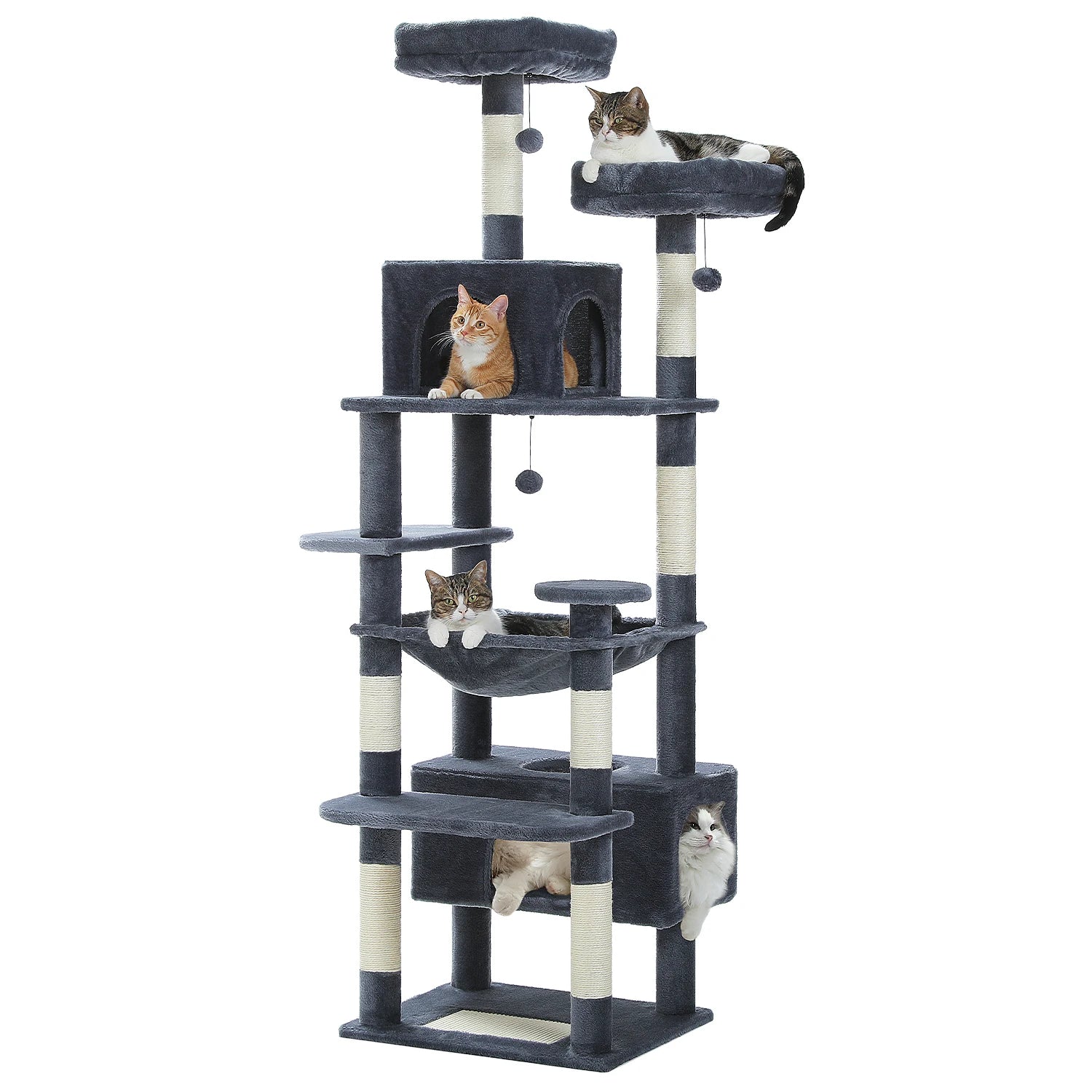 Dark grey cat tree with hammock, condos, and perches for cats