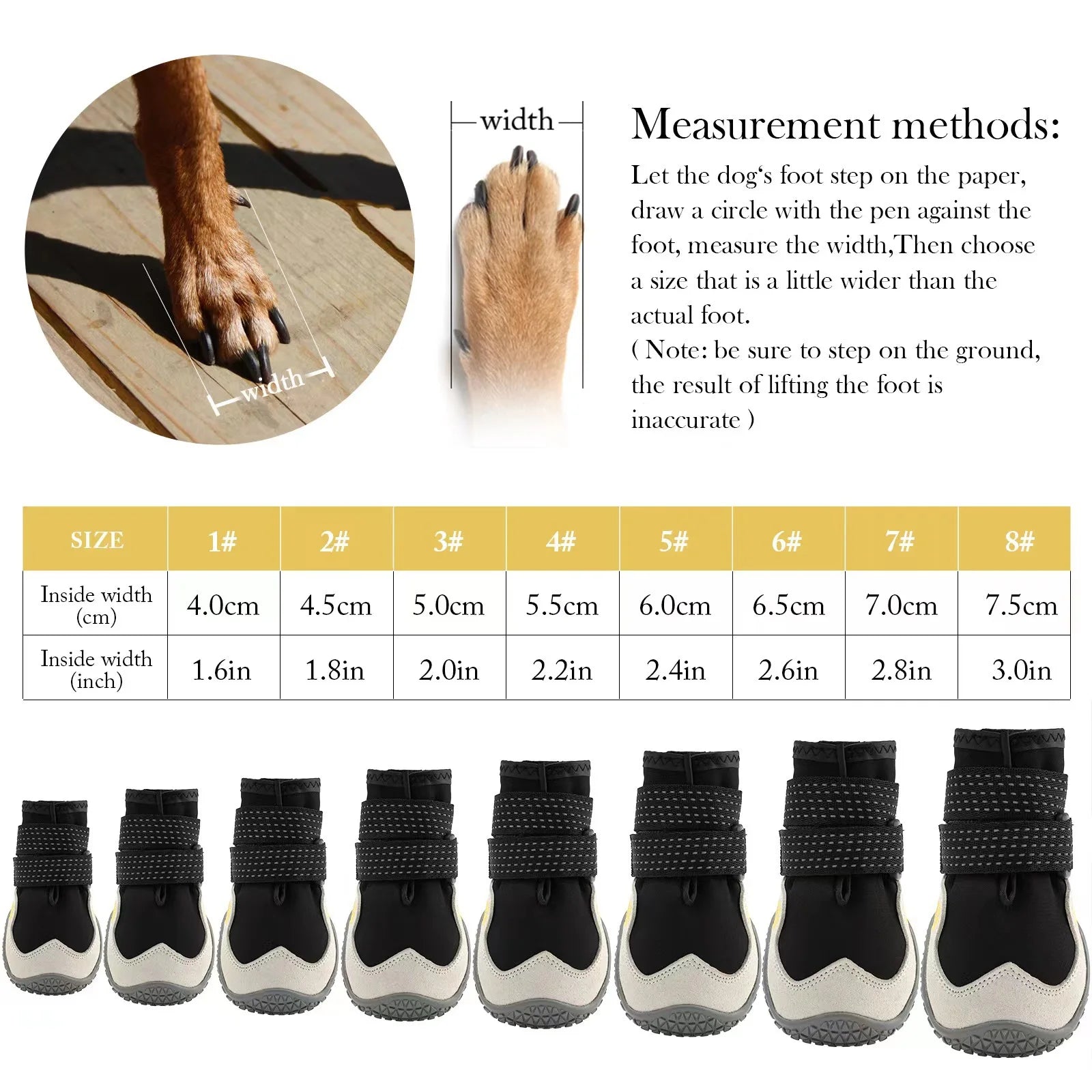 Dog paw size chart for measuring winter boot fit