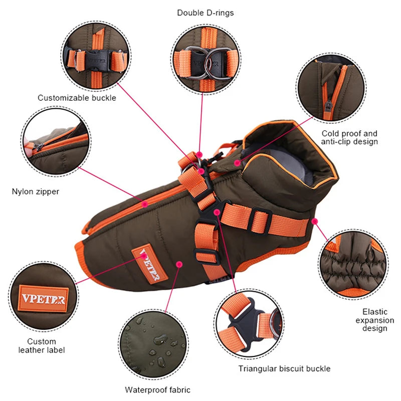 Dog jacket with waterproof and harness features