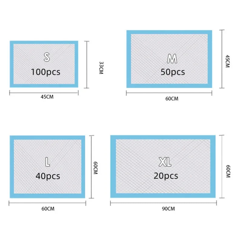 Dog training pee pads size chart S M L XL pack options