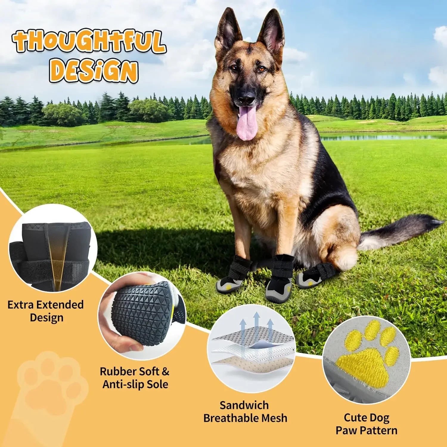 German Shepherd wearing waterproof dog winter boots