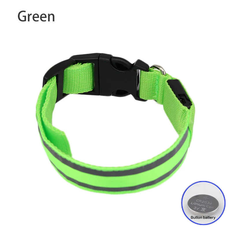 Green LED Dog Collar Reflective Nylon Pet Night Safety Light