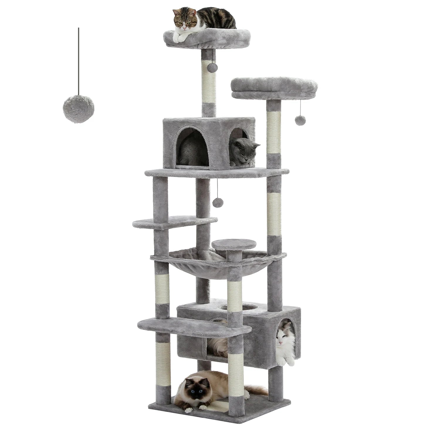 Grey cat tree with sisal scratching posts, condos, and hammock