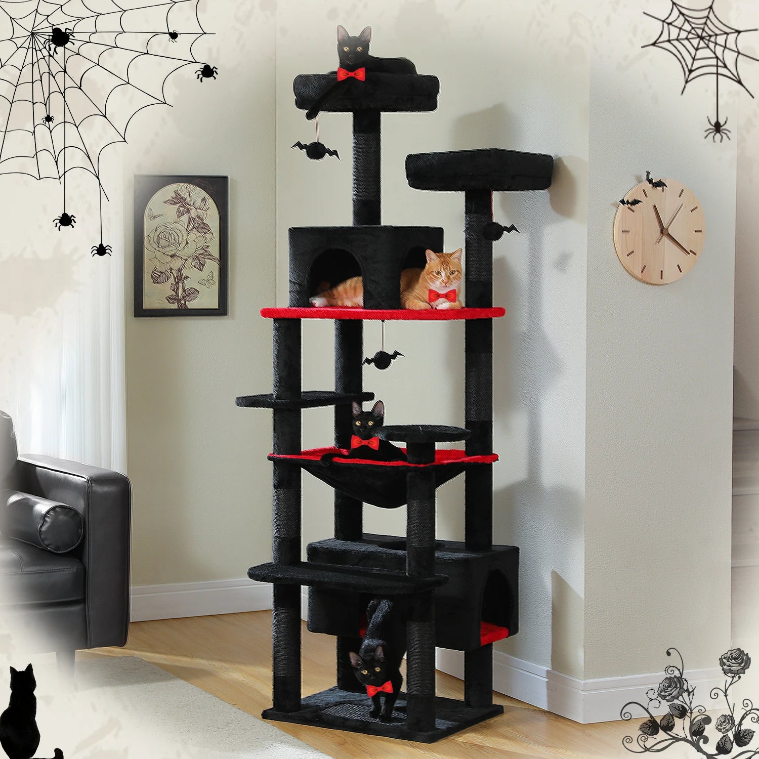 Black and red Halloween-themed cat tree with cats and toys
