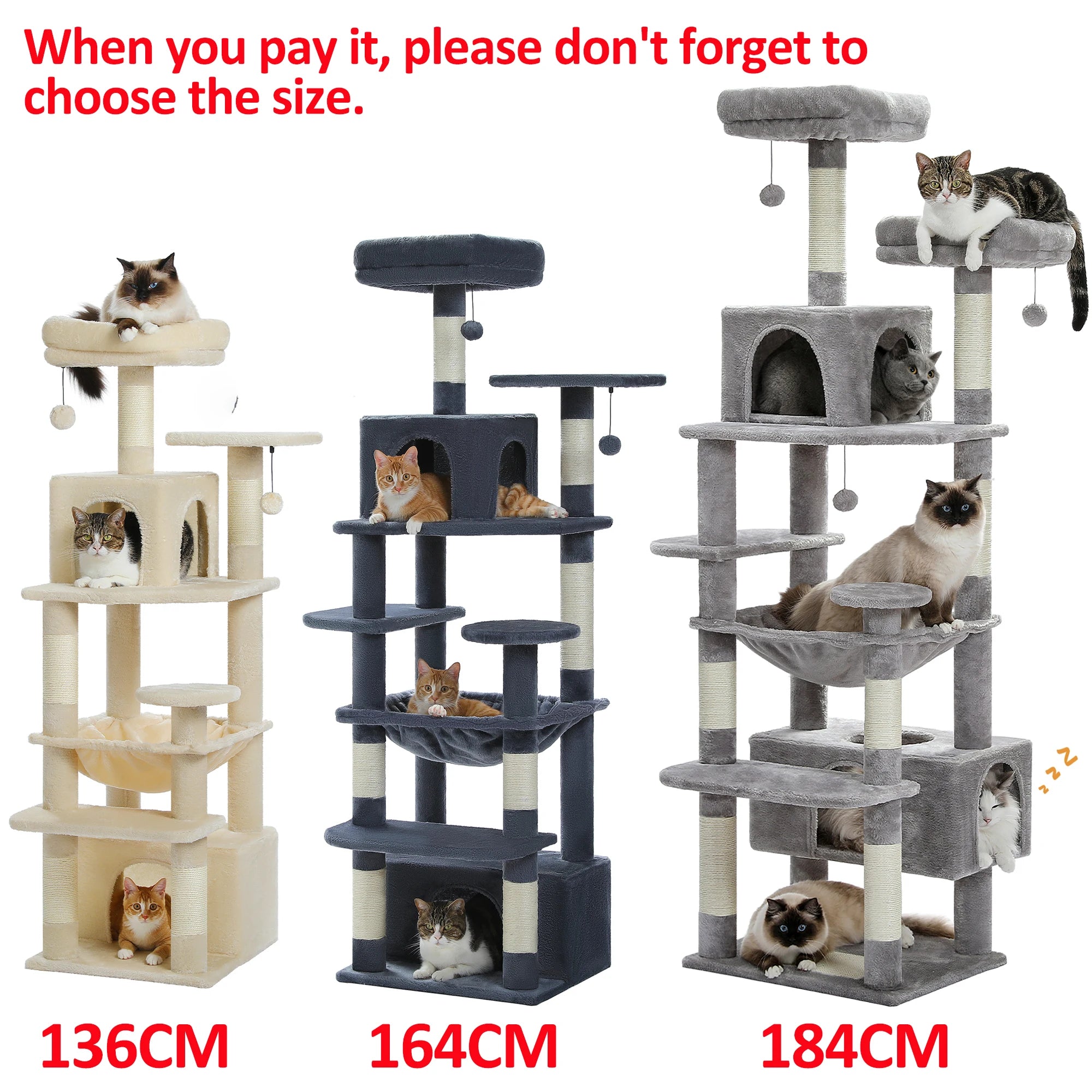 Large beige, gray, and dark gray cat tree towers with cats