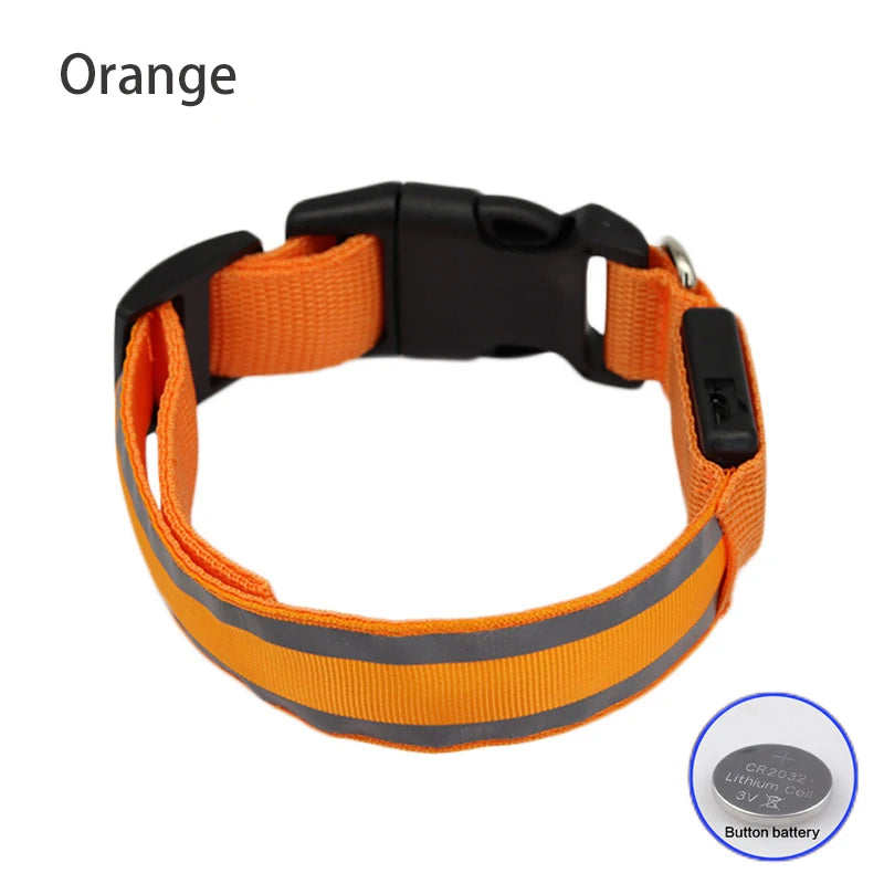 Orange LED Dog Collar Reflective Nylon Night Safety Pet Collar
