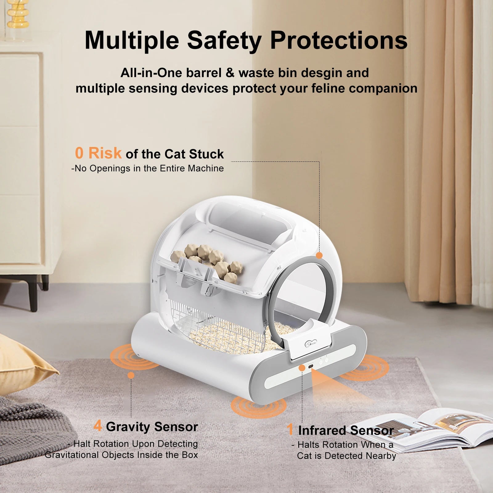 Self-cleaning cat litter box with multiple safety sensors protection