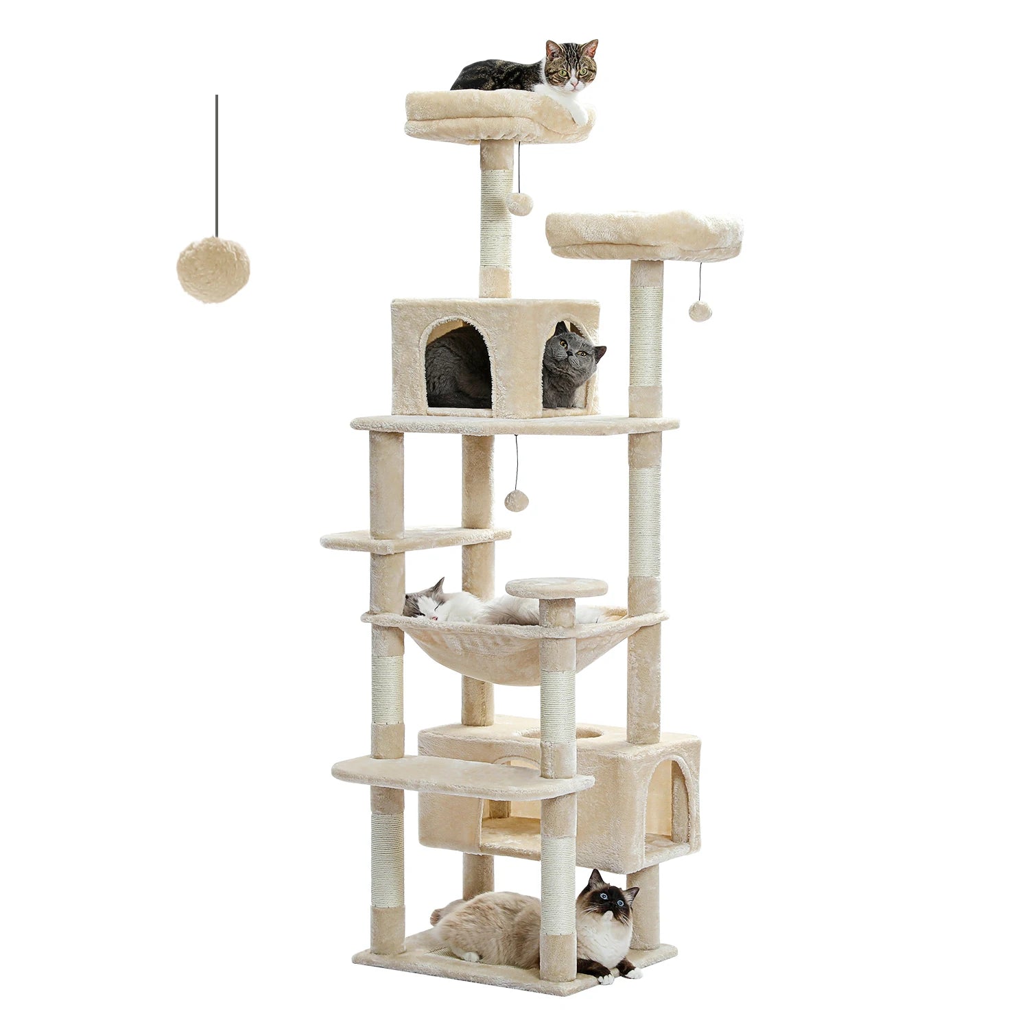 Tall beige cat tree with hammock, condos, perches, and cats
