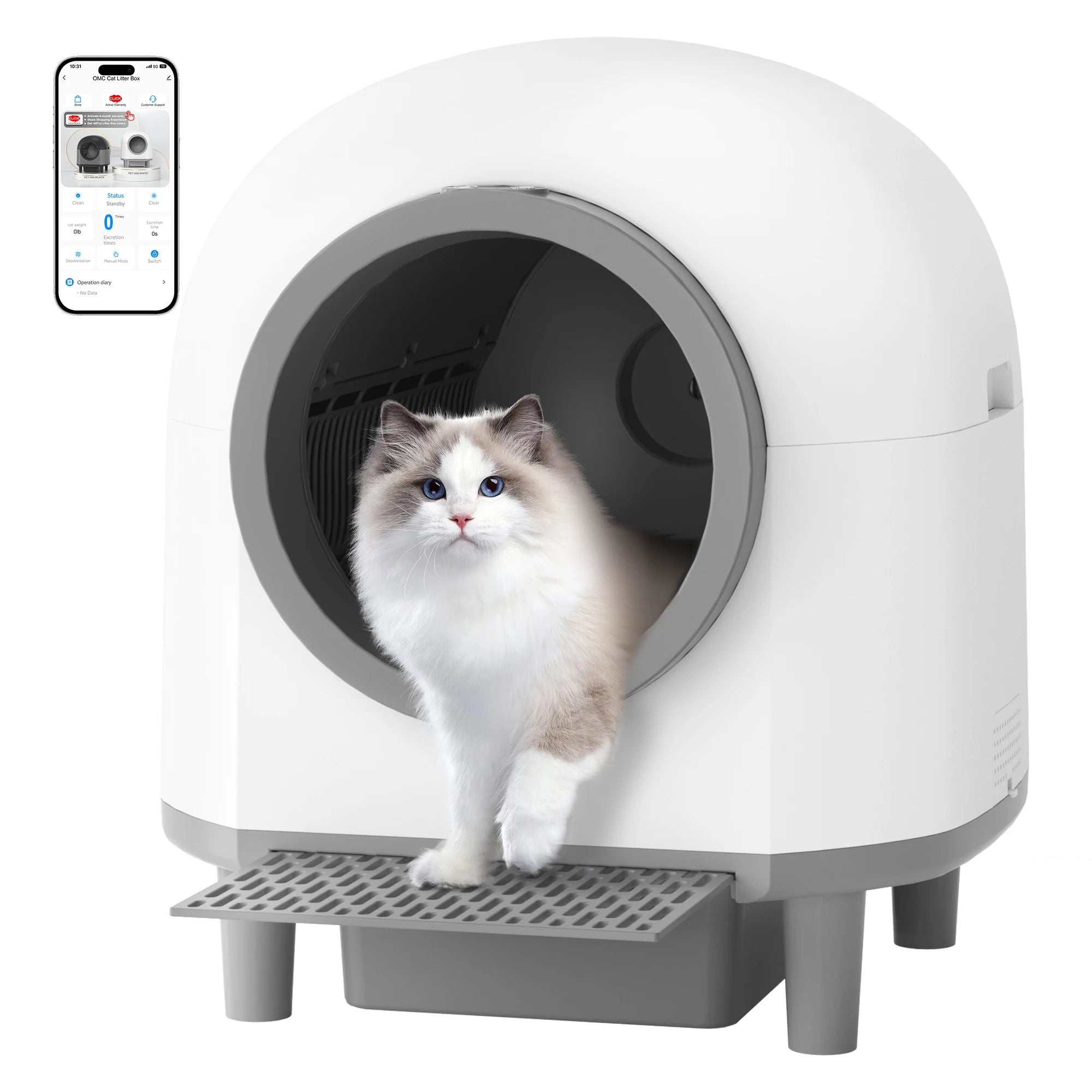 White automatic cat litter box with smart app control for cats