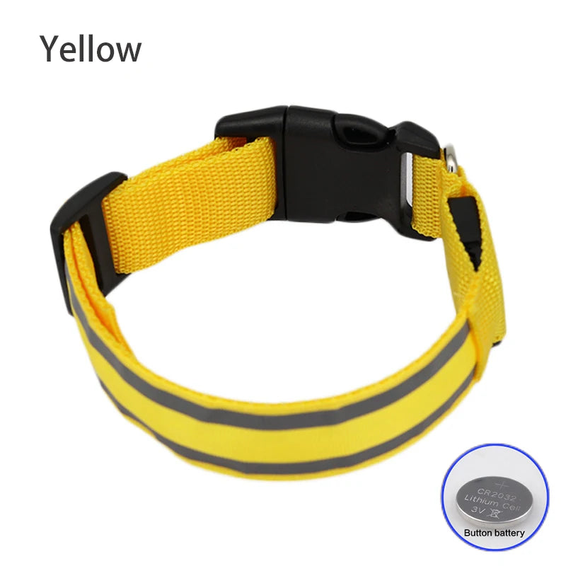 Yellow LED Dog Collar Reflective Nylon Button Battery Safety