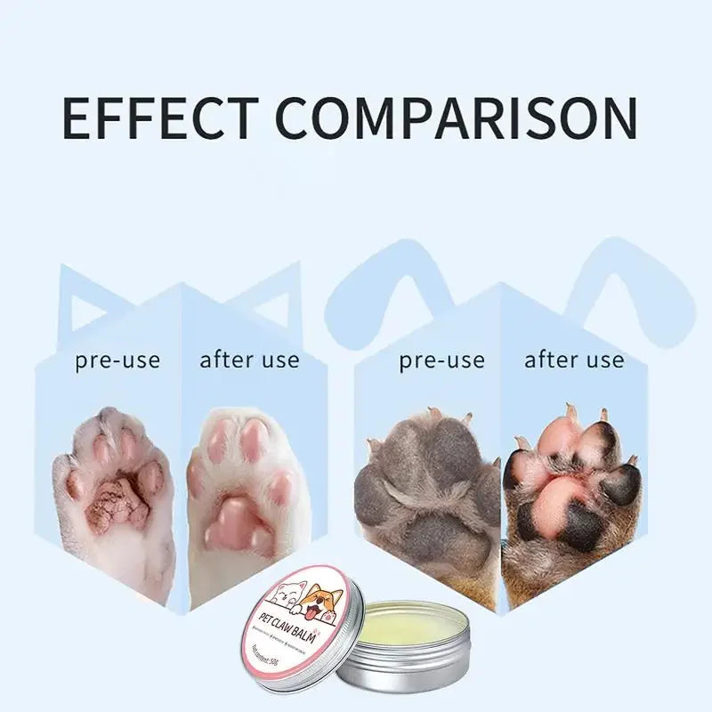 Before and after cracked pet paws using paw balm