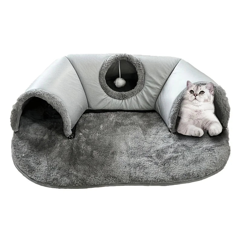 Cat relaxing in grey 3-in-1 tunnel bed indoor