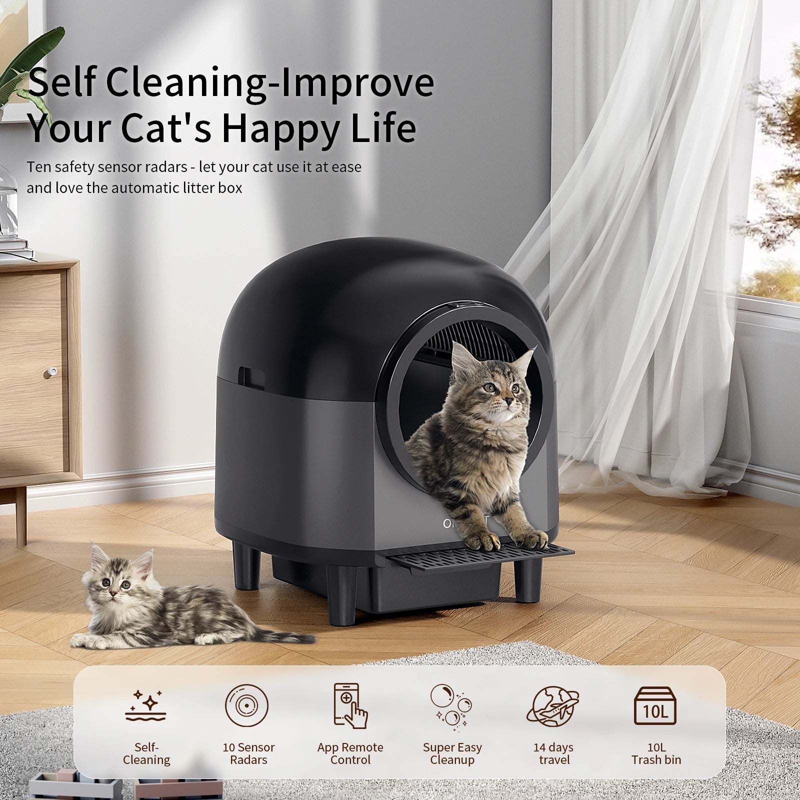 Cat using automatic self-cleaning litter box with 10 safety sensors