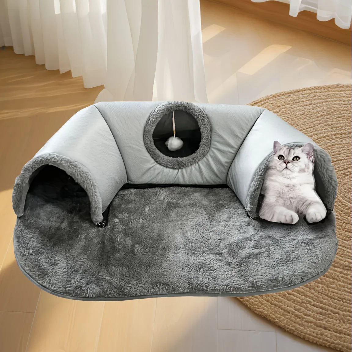 Grey 3-in-1 cat tunnel bed with cozy fleece base