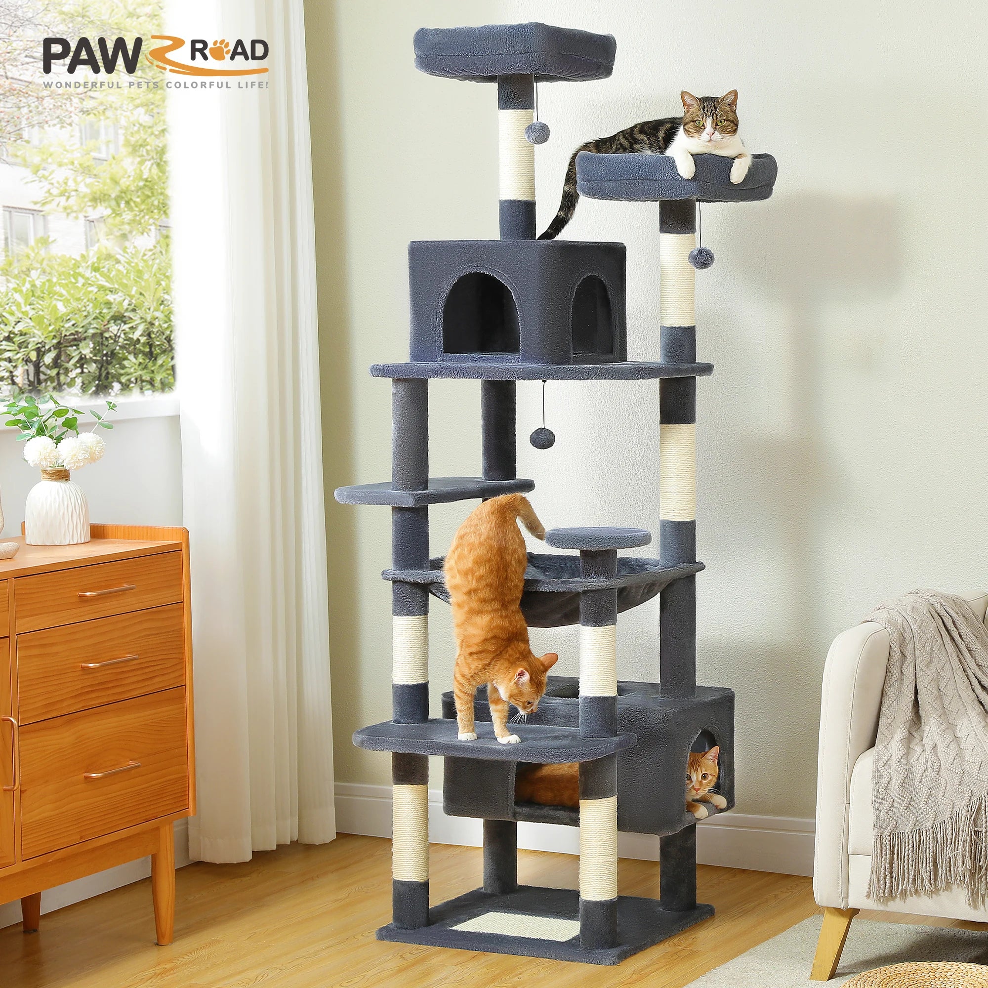 Dark Grey multi-level cat tower with hammock, perches, and cats