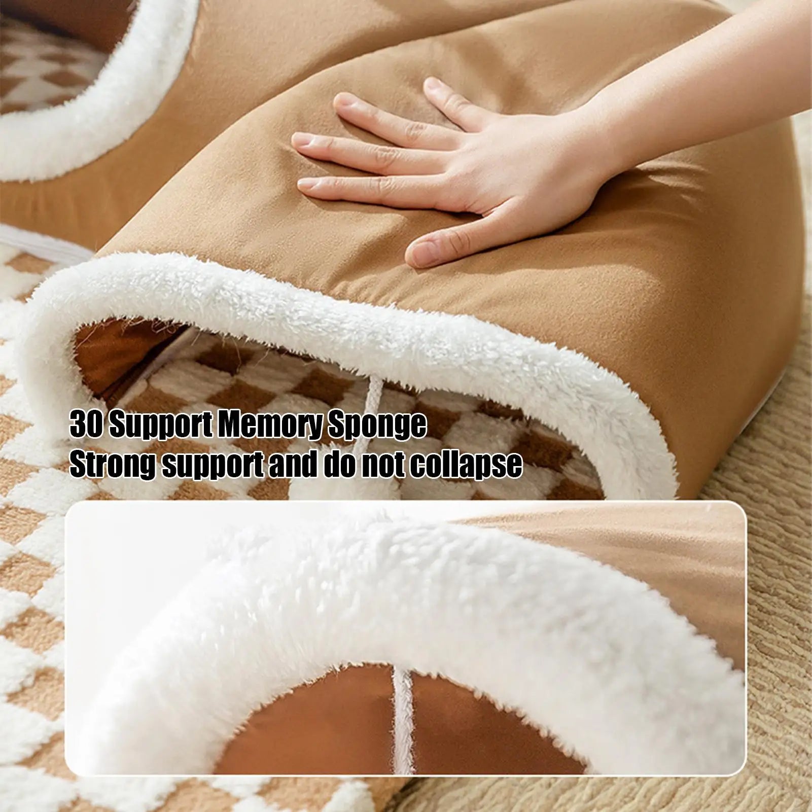 Soft memory foam cat tunnel bed showing strong support and durability