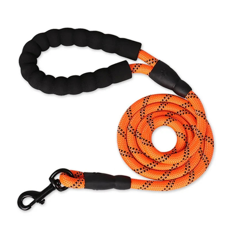 Orange reflective rope dog leash with handle