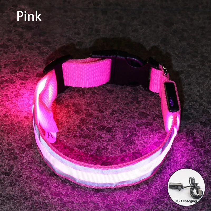 Pink usb Rechargeable LED Dog Collar Reflective Night Safety 