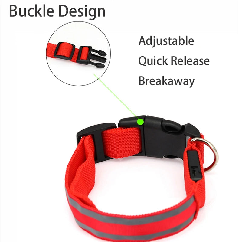 Red LED Dog Collar with Quick Release Buckle Reflective Safety