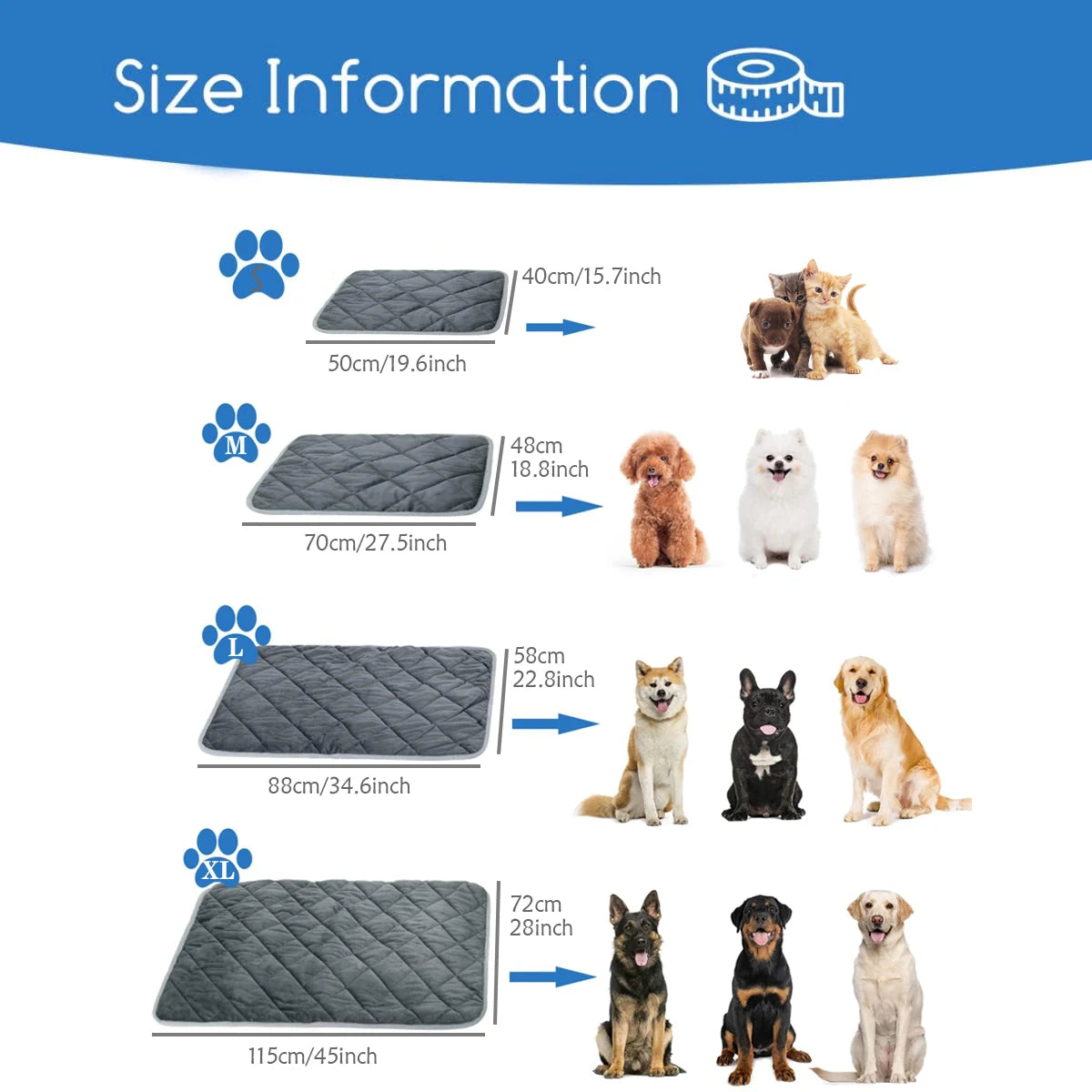 Thermal pet bed size chart for small medium large dogs