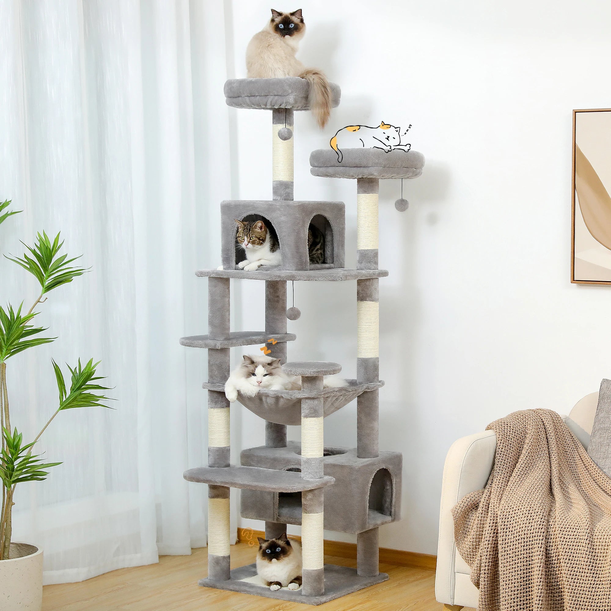 Tall grey cat tree with multiple condos, hammock, and cats