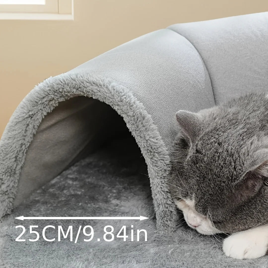 Warm plush tunnel cat bed with non-slip base 25cm