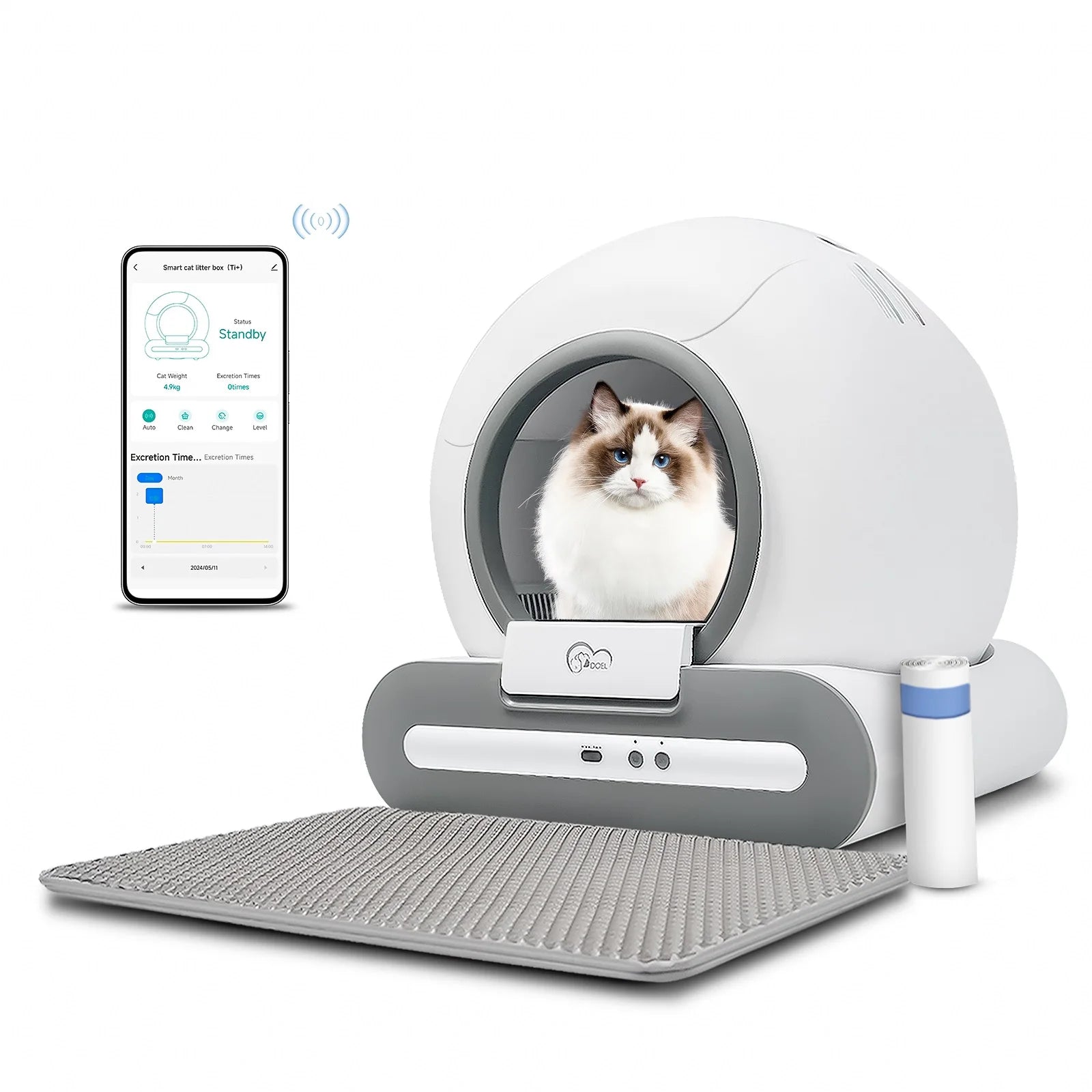 White automatic cat litter box with mat and mobile app control