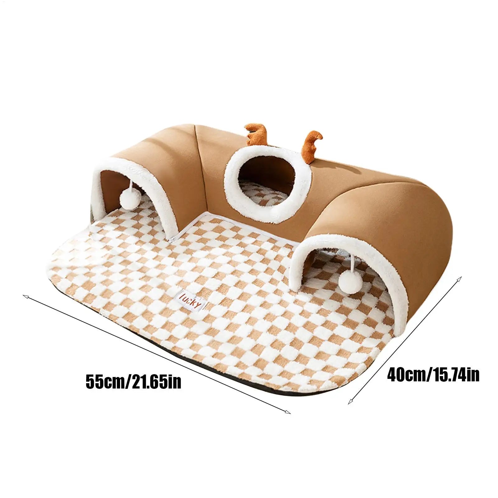 Dimensions of plush winter cat tunnel bed 55cm by 40cm